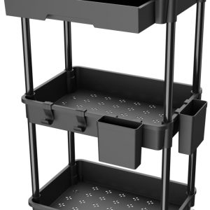 3 Tier Rolling Utility Cart with Drawer, Utility Cart Made of Multifunctional Storage Organizer Tool for Kitchen,Bathroom,Living Room,Office(Black)