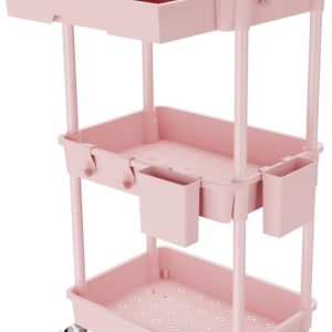 3 Tier Rolling Utility Cart with Drawer,Storage Cart,Rolling Cart for Kitchen,Bathroom,Living Room,Storage Organizer with Iron Wheels(Pink