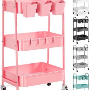 3 Tier Metal Rolling Cart with Lockable Wheels and Handle, Three Tiered Pink Trolley Cart on Wheels, Utility Storage Organizer for Bathroom, Kitchen, Teachers, Art, Crafts, Baby Diaper, Snack, Nail