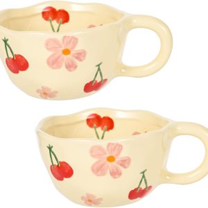 Ceramic Coffee Mug Vintage Flower Mugs 8 oz Cute Floral Coffee Mugs Irregular Latte Art Cup Lead-free Porcelain Cups for Cappuccino, Cocoa (2 Pcs Pink Cherry)