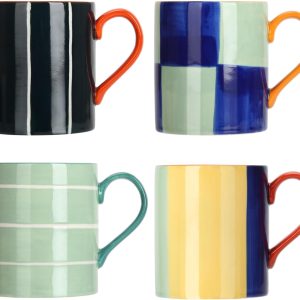 Colorful Hand Painted 16 oz. Porcelain Ceramic Mugs Set. Service for 4.