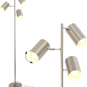 Tree Floor Lamp with 3 Light Bulbs,Nickel Standing Tall Pole Lamp with 3 Adjustable Rotating Lights,Farmhouse Floor Lamp for Living Room Bedroom Office,Vintage Standing Lamp 9W E26 LED Bulbs Included.