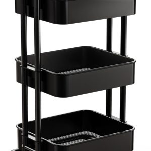 3 Tier Mesh Utility Cart, Rolling Metal Organization Cart with Handle and Lockable Wheels, Multifunctional Storage Shelves for Kitchen Living Room Office Black