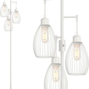 Dimmable Floor Lamp, 3 x 800LM LED Edison Bulbs Included, Farmhouse Industrial Floor Lamp Standing Lamp with Elegant Teardrop Cage Head Tall Lamp for Living Room Bedroom Office Dining Room - White