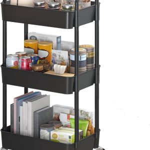 3-Tier Plastic Rolling Utility Cart with Handle, Multi-Functional Storage Trolley for Office, Living Room, Kitchen, Movable Storage Organizer with Wheels, Black