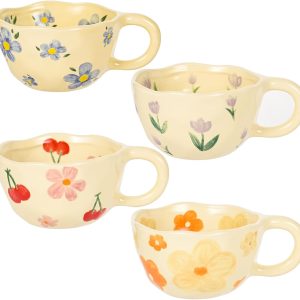 Ceramic Coffee Mug Vintage Flower Mugs 8 oz Cute Floral Coffee Mugs Irregular Latte Art Cup Lead-free Porcelain Cups for Cappuccino, Cocoa (4 Pack)