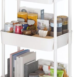 3-Tier Plastic Rolling Utility Cart with Handle, Multi-Functional Storage Trolley for Office, Living Room, Kitchen, Movable Storage Organizer with Wheels, White