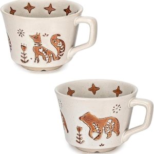 Vintage Ceramic Mug Set - 12 oz Unique Ceramic Coffee Mugs & Tea Cups with Hand-Drawn Patterns, Dishwasher & Microwave Safe, Ideal Gift (Fox and Bear)