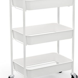 3-Tier Rolling Metal Storage Organizer - Mobile Utility Cart Kitchen Cart with Caster Wheels, White