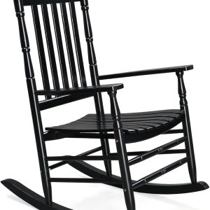 Wooden Rocking Chair, Outdoor Chair with 450 lbs Support, Relaxing Rocker Solid with Wood High Back Seat Reclining Seat for Deck, Garden, Backyard, Porch, Indoor or Outdoor Use, Black