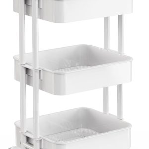 3 Tier Mesh Utility Cart, Rolling Metal Organization Cart with Handle and Lockable Wheels, Multifunctional Storage Shelves for Kitchen Living Room Office White