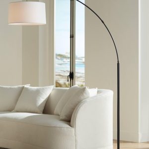 360 Mid Century Modern Arc Floor Lamp 72" Tall Black Metal White Linen Fabric Drum Shade Decor for Living Room Reading House Bedroom Home Office House