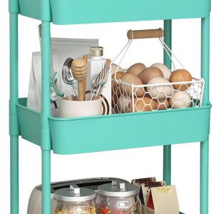 3-Tier Plastic Rolling Utility Cart with Handle, Multi-Functional Storage Trolley for Office, Living Room, Kitchen, Movable Storage Organizer with Wheels, Green