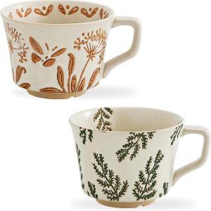 Vintage Ceramic Mug Set - 12 oz Unique Ceramic Coffee Mugs & Tea Cups with Hand-Drawn Patterns, Dishwasher & Microwave Safe, Ideal Gift