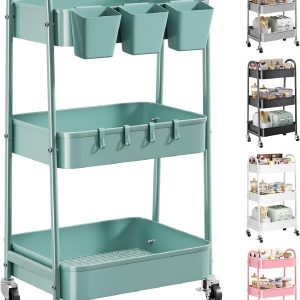 3 Tier Green Metal Rolling Cart with Lockable Wheels and Handle, 3 Tiered Utility Storage Organizer Carts for Teachers, Arts, Craft, Snack, Book, Bedside, Nursery, Cleaning Supplies, Easy Assembly
