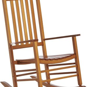 Outdoor Rocking Chair, Patio Wooden Rocking Chair with Smooth Armrests, High Back for Garden, Balcony, Porch, Supports Up to 353 lbs, Natural