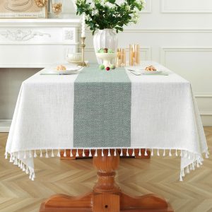 Rectangle Tablecloth for Dining Table Rustic Farmhouse Kitchen Tables Cloth Coffee Table Cover, Cotton Linen Fabric Small Rectangle Tablecloths, Green Stripe, 55x70 Inch