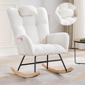 Nursery Rocking Chair Teddy Upholstered Glider Rocker Rocking Accent Chair Padded Seat with High Backrest Armchair Comfy Side Chair