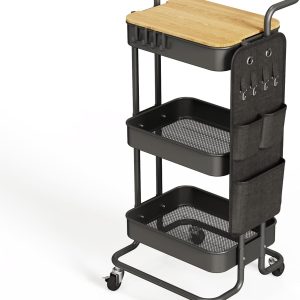 3 Tier Metal Utility Rolling Cart with Table Top and Side Bags, Tray Storage Organizer Wheels, Art Craft 4 Hooks for Kitchen Bathroom Office Living Room (Black)