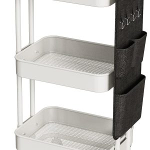 3 Tier Metal Utility Rolling Cart with Table Top and Side Bags, Metal Tray Storage Organizer Cart with Wheels, Art Craft Cart with 4 Hooks for Kitchen Bathroom Office Living Room (White)