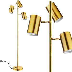 Tree Floor Lamp with 3 Light Bulbs,Gold Standing Tall Pole Lamp with 3 Adjustable Rotating Lights,Farmhouse Floor Lamp for Living Room Bedroom Office,Vintage Standing Lamp 9W E26 LED Bulbs Included
