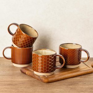 12 OZ Stackable Coffee Mugs, Ceramic Coffee Cups with Texture Patterns for Man,Woman,Dad,Mom, Modern Mugs Set of 4 for Latte/Cappuccino/Cocoa. Dishwasher&Microwave Safe