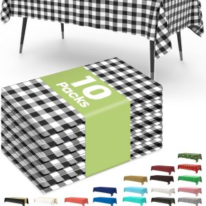 Plastic Table Cloth Disposable 10 Pack, 54 x 108 Inch Table Cloths, Party, Picnic, Decorative Gingham Tablecloths, Rectangle, Black and White Checkered Cover, Leakproof & Sturdy, Black Plaid