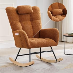Nursery Rocking Chair Teddy Upholstered Glider Rocker Rocking Accent Chair Padded Seat with High Backrest Armchair Comfy Side Chair